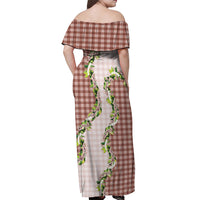 Mocha Hawaii Palaka Off Shoulder Maxi Dress Maile Pikake Honohono Orchid Lei LT05 - Polynesian Pride