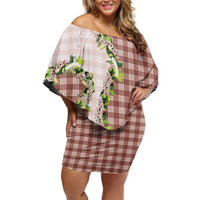 Mocha Hawaii Palaka Off Shoulder Short Dress Maile Pikake Honohono Orchid Lei LT05 Women Mocha - Polynesian Pride