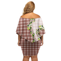 Mocha Hawaii Palaka Off Shoulder Short Dress Maile Pikake Honohono Orchid Lei LT05 - Polynesian Pride