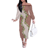 Mocha Hawaii Palaka Off The Shoulder Long Sleeve Dress Maile Pikake Honohono Orchid Lei LT05 Women Mocha - Polynesian Pride