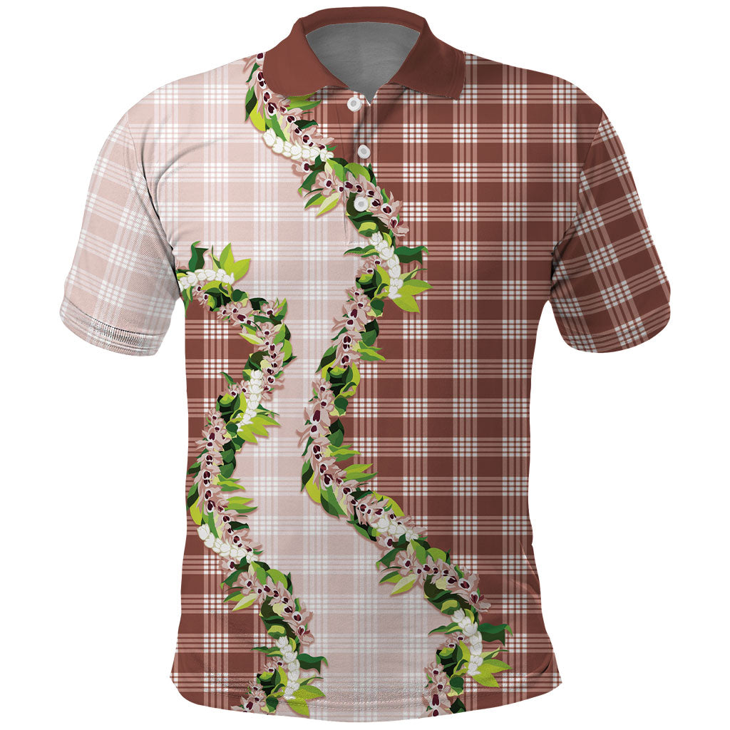 Mocha Hawaii Palaka Polo Shirt Maile Pikake Honohono Orchid Lei LT05 Mocha - Polynesian Pride