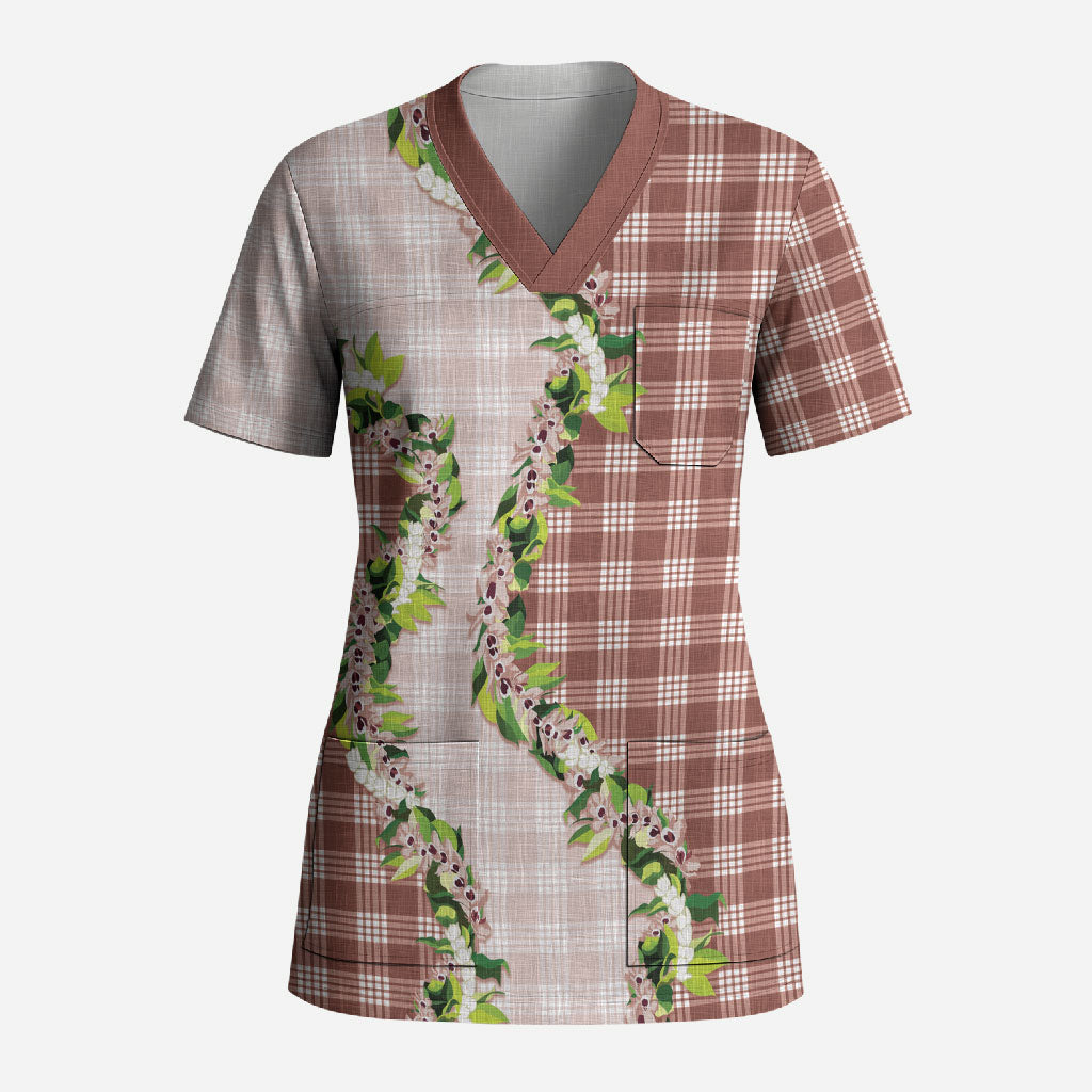 Mocha Hawaii Palaka Scrub Top Maile Pikake Honohono Orchid Lei LT05 Adult Mocha - Polynesian Pride