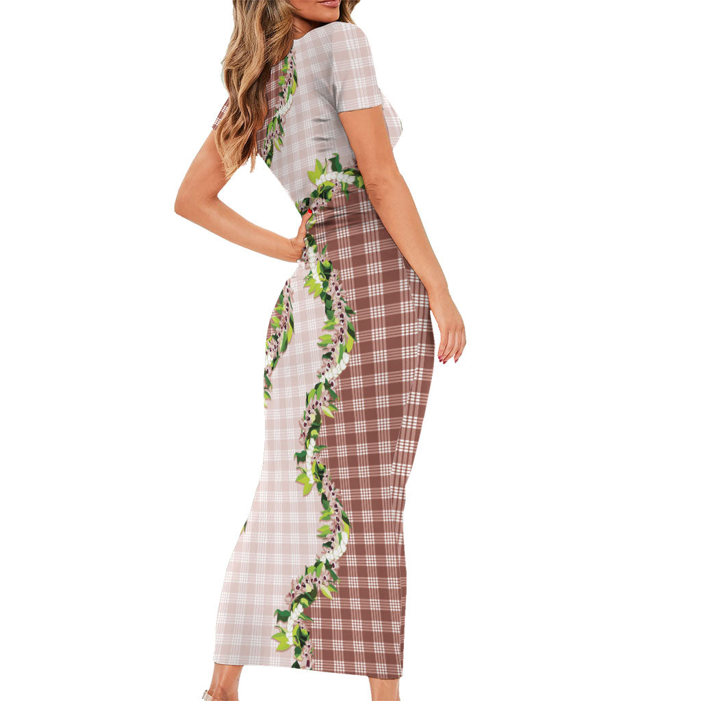 Mocha Hawaii Palaka Short Sleeve Bodycon Dress Maile Pikake Honohono Orchid Lei LT05 - Polynesian Pride