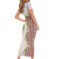 Mocha Hawaii Palaka Short Sleeve Bodycon Dress Maile Pikake Honohono Orchid Lei LT05 - Polynesian Pride
