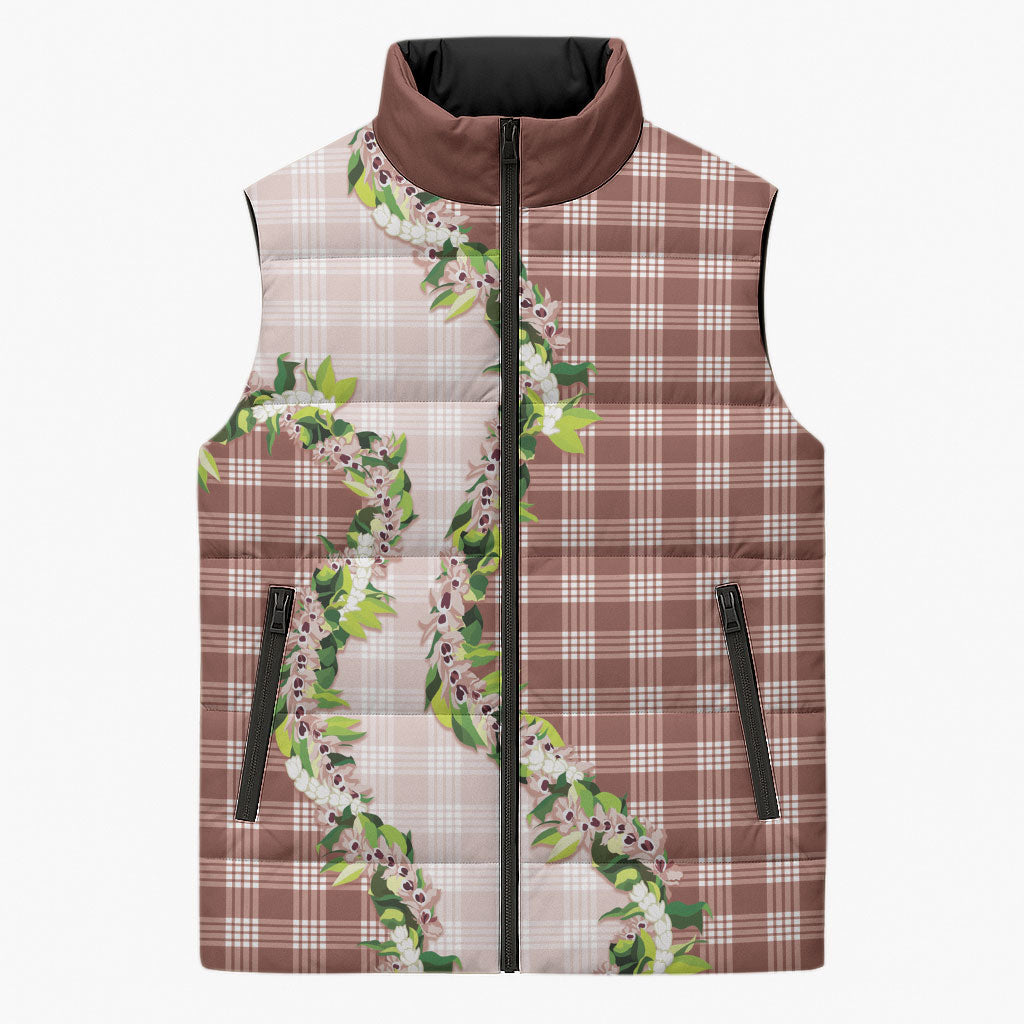 Mocha Hawaii Palaka Sleeveless Puffer Jacket Maile Pikake Honohono Orchid Lei LT05 Unisex Mocha - Polynesian Pride