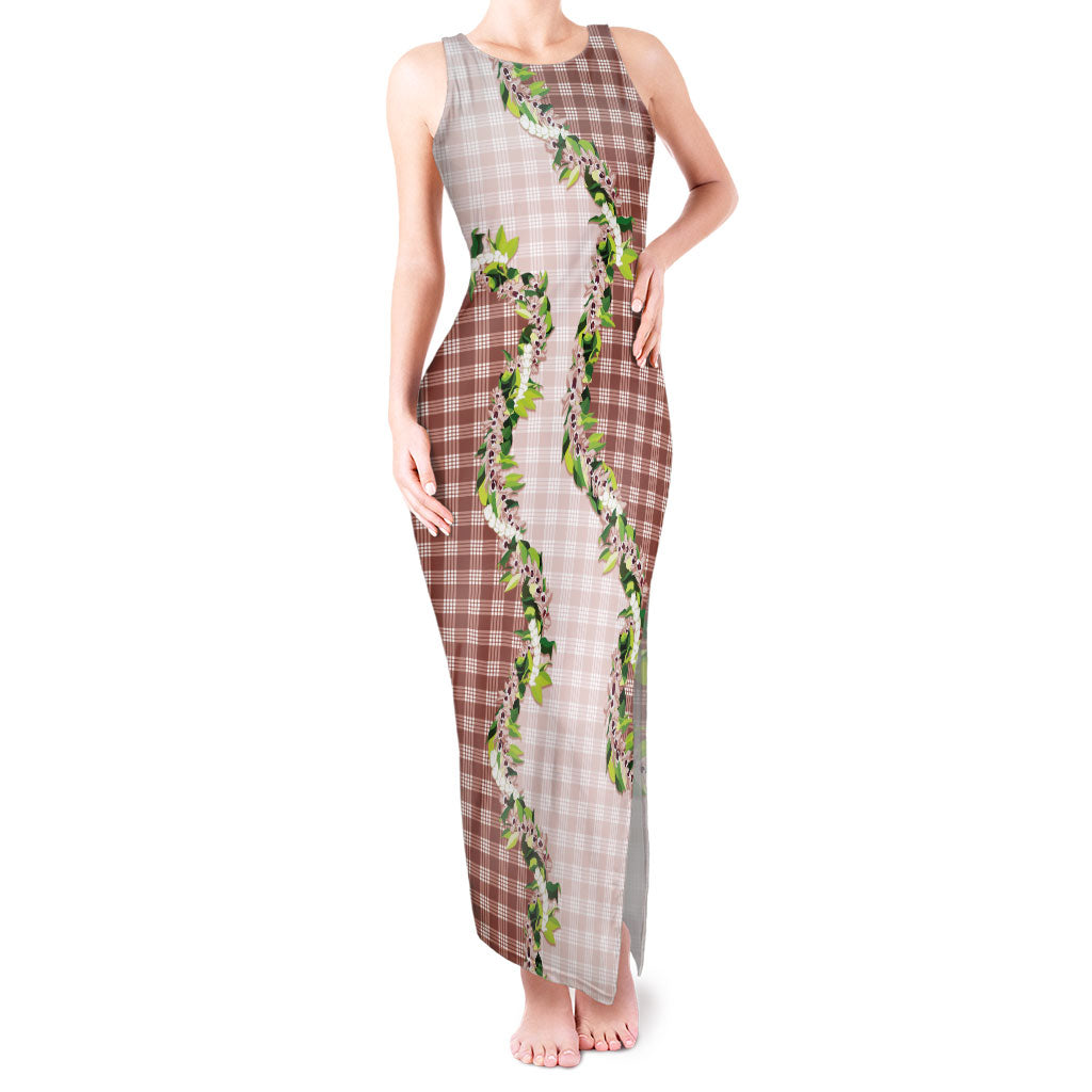Mocha Hawaii Palaka Tank Maxi Dress Maile Pikake Honohono Orchid Lei