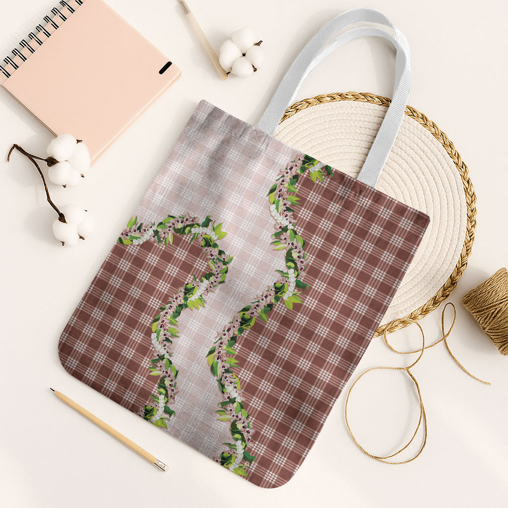 Mocha Hawaii Palaka Tote Bag Maile Pikake Honohono Orchid Lei