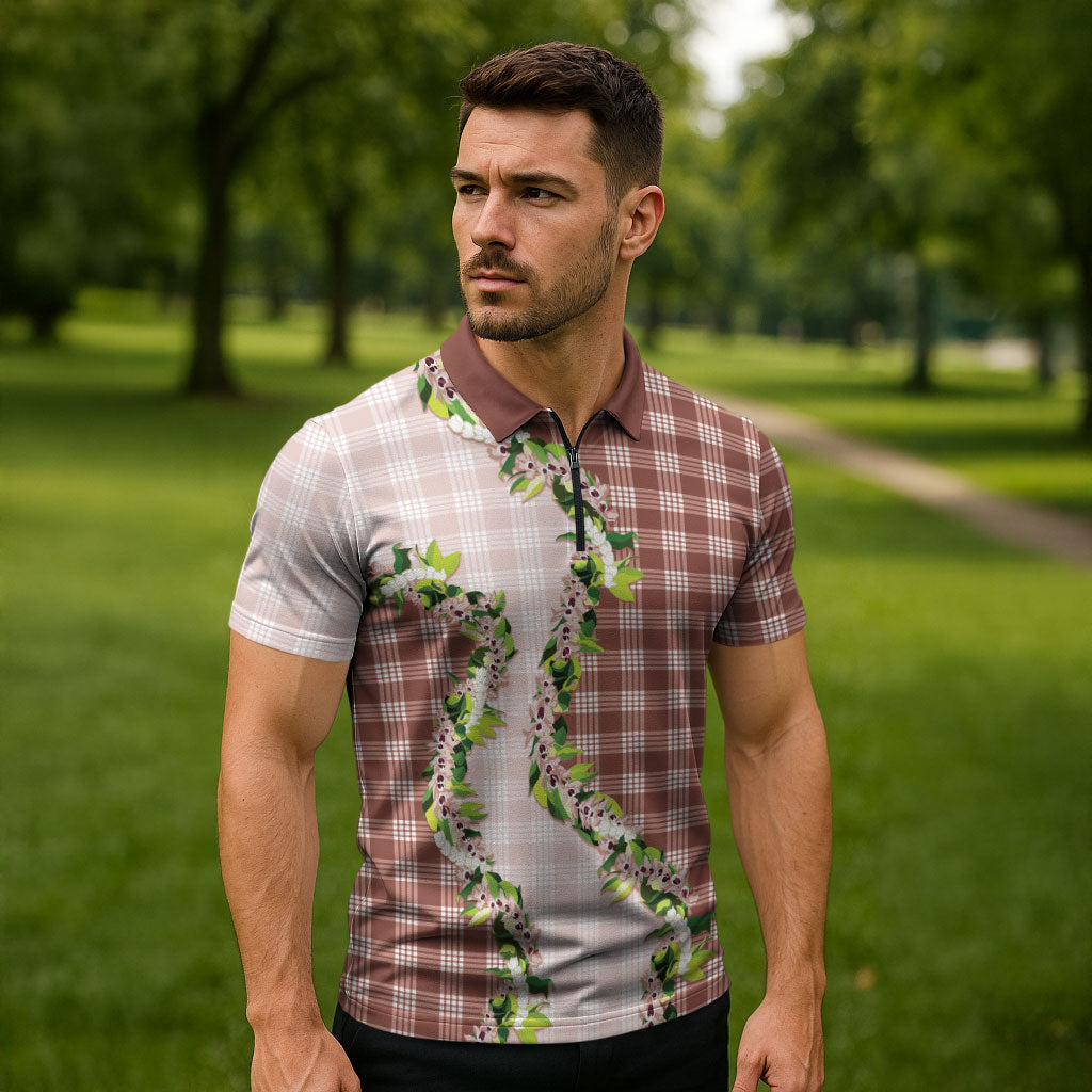 Mocha Hawaii Palaka Zipper Polo Shirt Maile Pikake Honohono Orchid Lei LT05 - Polynesian Pride
