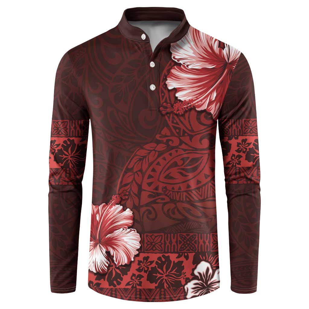 Hawaii Hibiscus With Oxblood Polynesian Pattern Button Sweatshirt