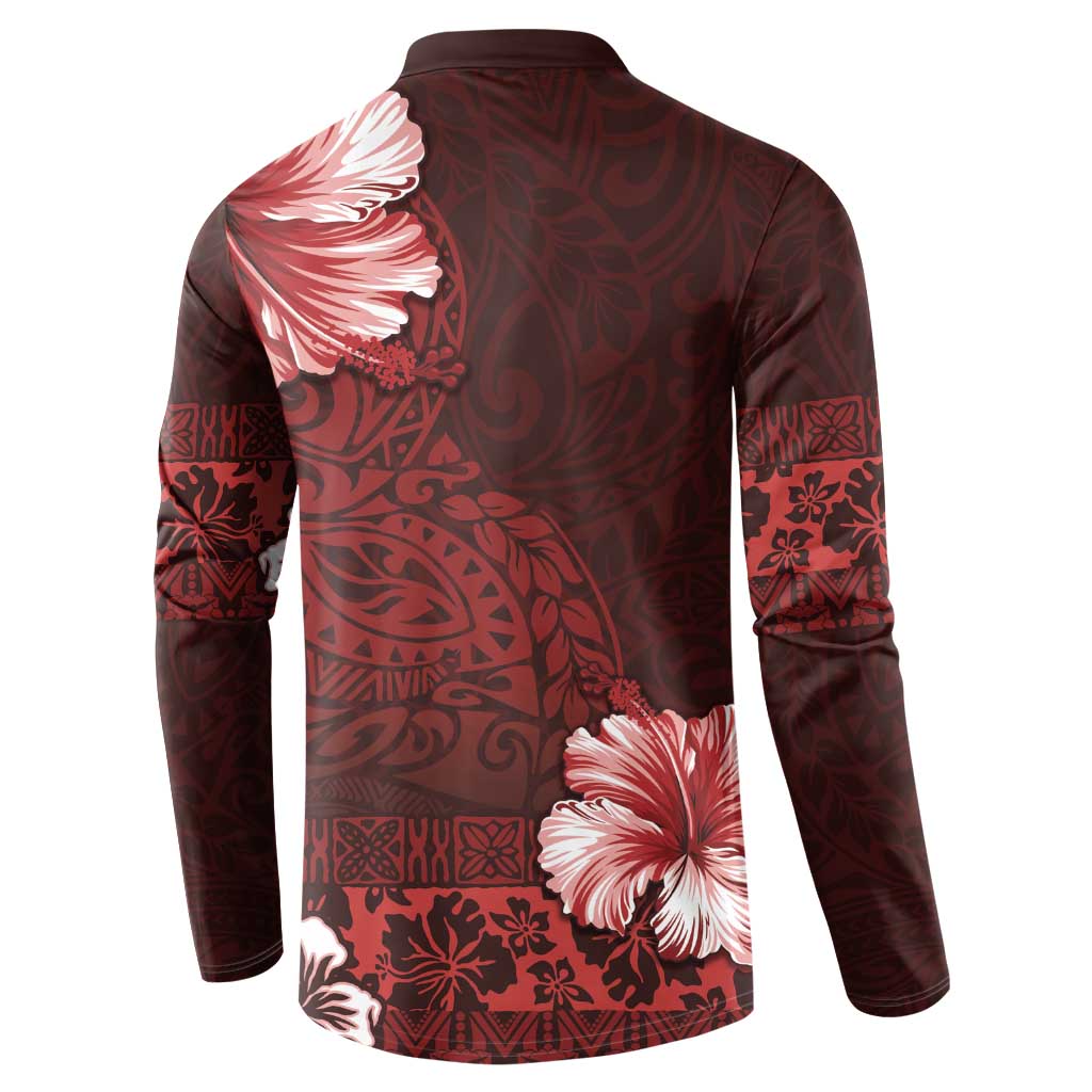 Hawaii Hibiscus With Oxblood Polynesian Pattern Button Sweatshirt