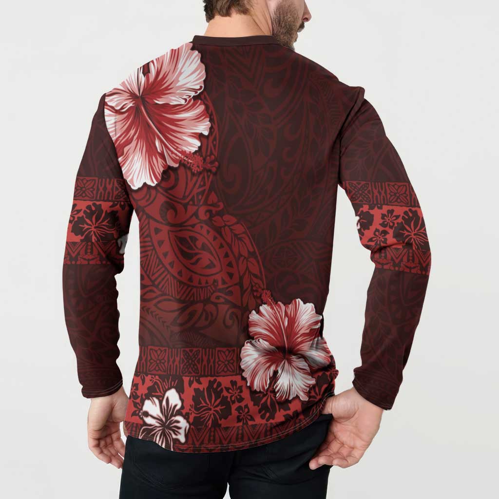 Hawaii Hibiscus With Oxblood Polynesian Pattern Button Sweatshirt