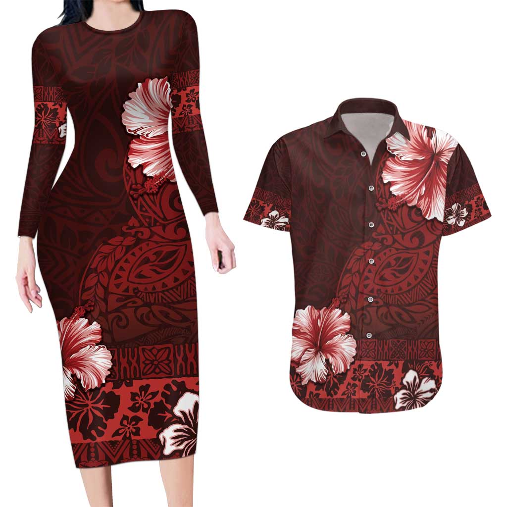 Hawaii Hibiscus With Oxblood Polynesian Pattern Couples Matching Long Sleeve Bodycon Dress and Hawaiian Shirt