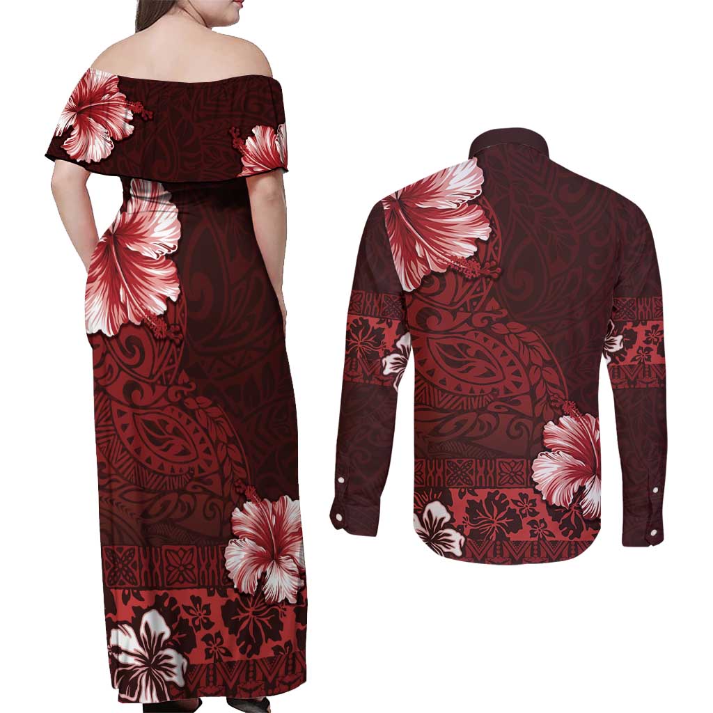 Hawaii Hibiscus With Oxblood Polynesian Pattern Couples Matching Off Shoulder Maxi Dress and Long Sleeve Button Shirt