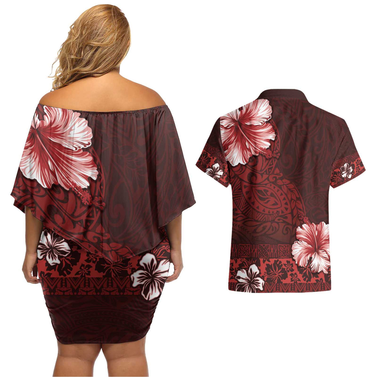 Hawaii Hibiscus With Oxblood Polynesian Pattern Couples Matching Off Shoulder Short Dress and Hawaiian Shirt