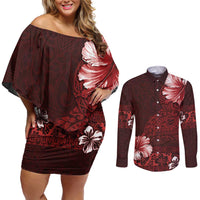 Hawaii Hibiscus With Oxblood Polynesian Pattern Couples Matching Off Shoulder Short Dress and Long Sleeve Button Shirt