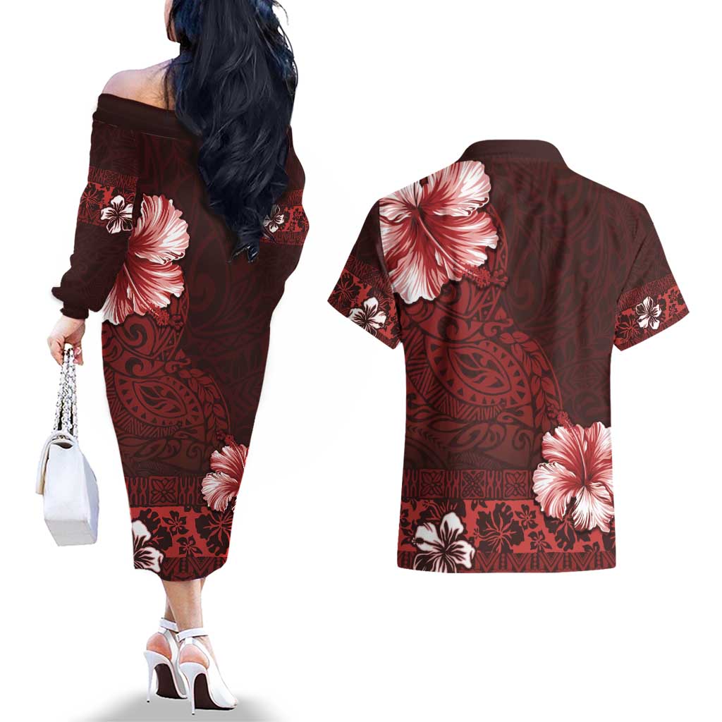 Hawaii Hibiscus With Oxblood Polynesian Pattern Couples Matching Off The Shoulder Long Sleeve Dress and Hawaiian Shirt