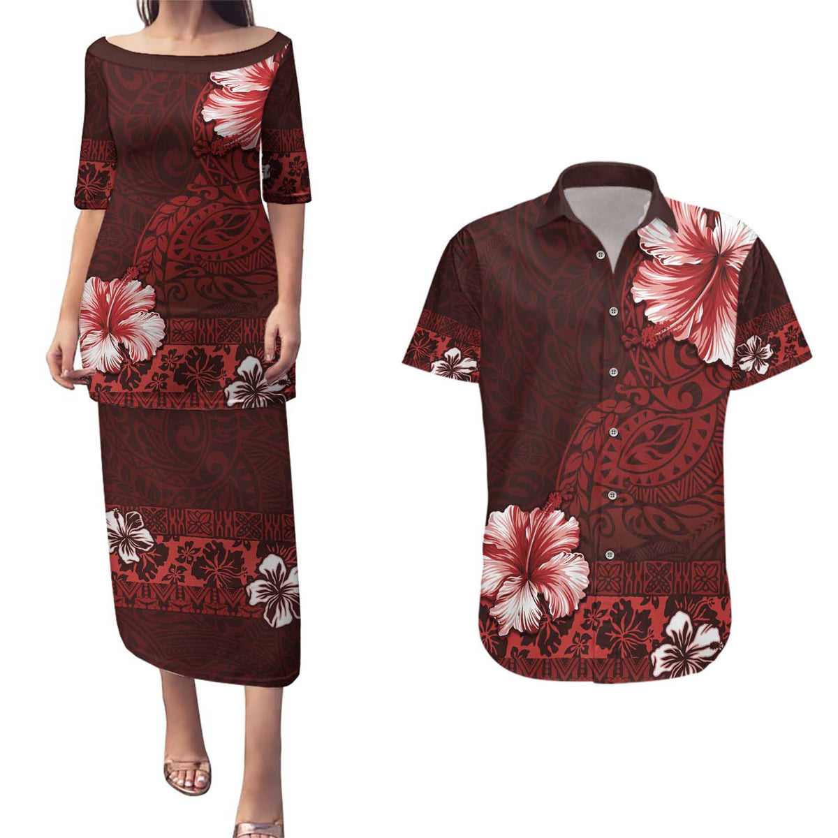 Hawaii Hibiscus With Oxblood Polynesian Pattern Couples Matching Puletasi and Hawaiian Shirt