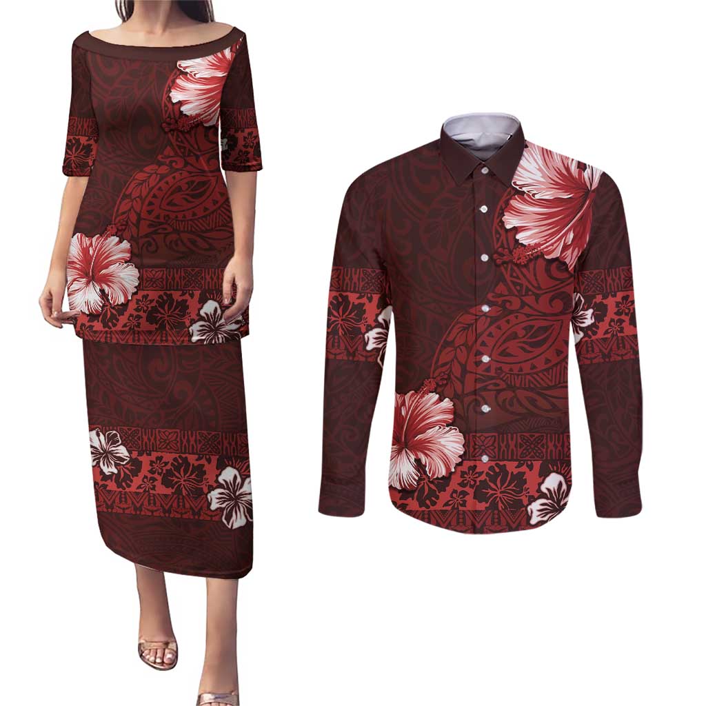 Hawaii Hibiscus With Oxblood Polynesian Pattern Couples Matching Puletasi and Long Sleeve Button Shirt