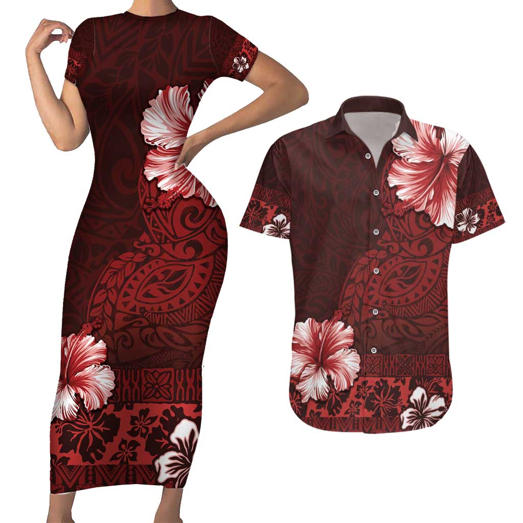 Hawaii Hibiscus With Oxblood Polynesian Pattern Couples Matching Short Sleeve Bodycon Dress and Hawaiian Shirt