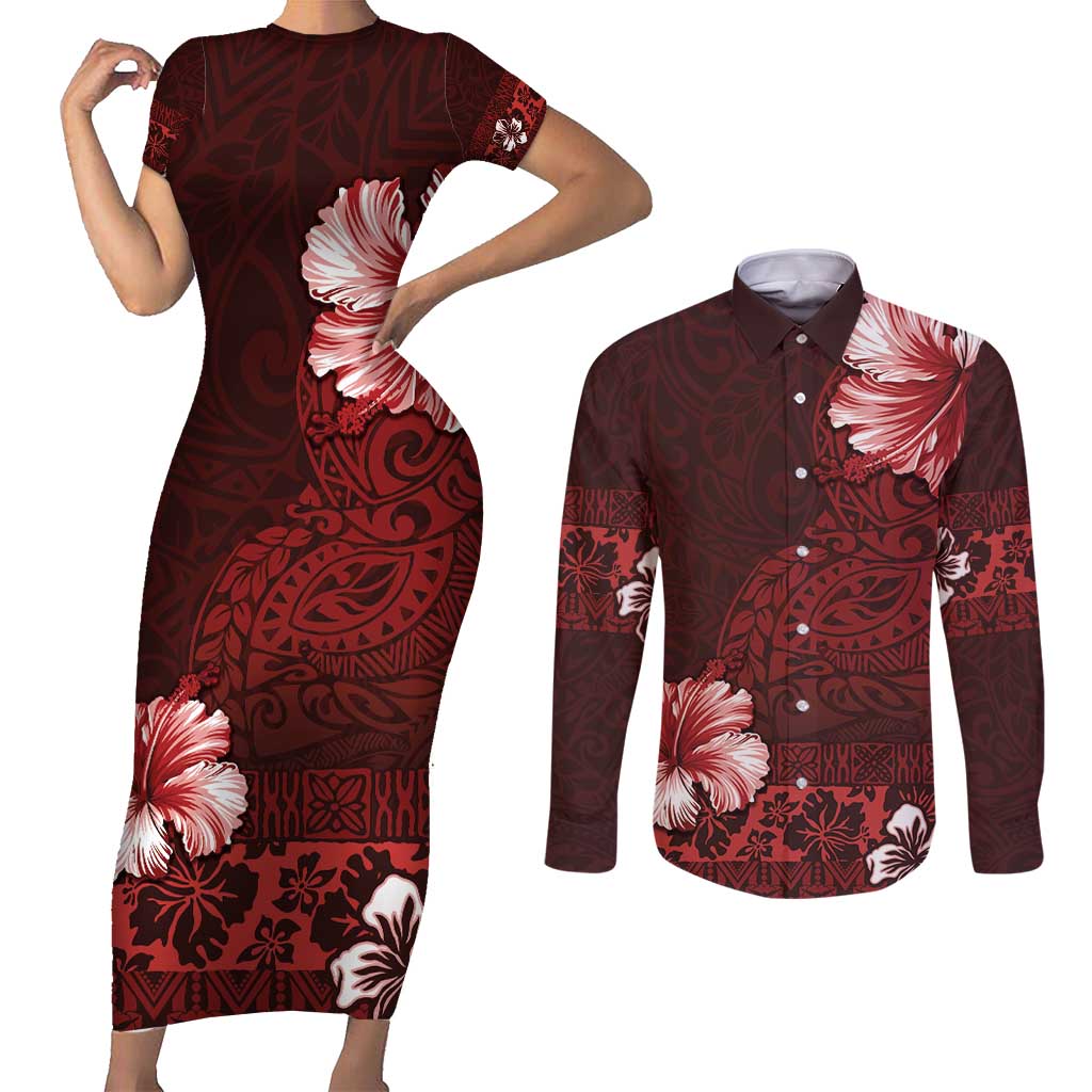 Hawaii Hibiscus With Oxblood Polynesian Pattern Couples Matching Short Sleeve Bodycon Dress and Long Sleeve Button Shirt