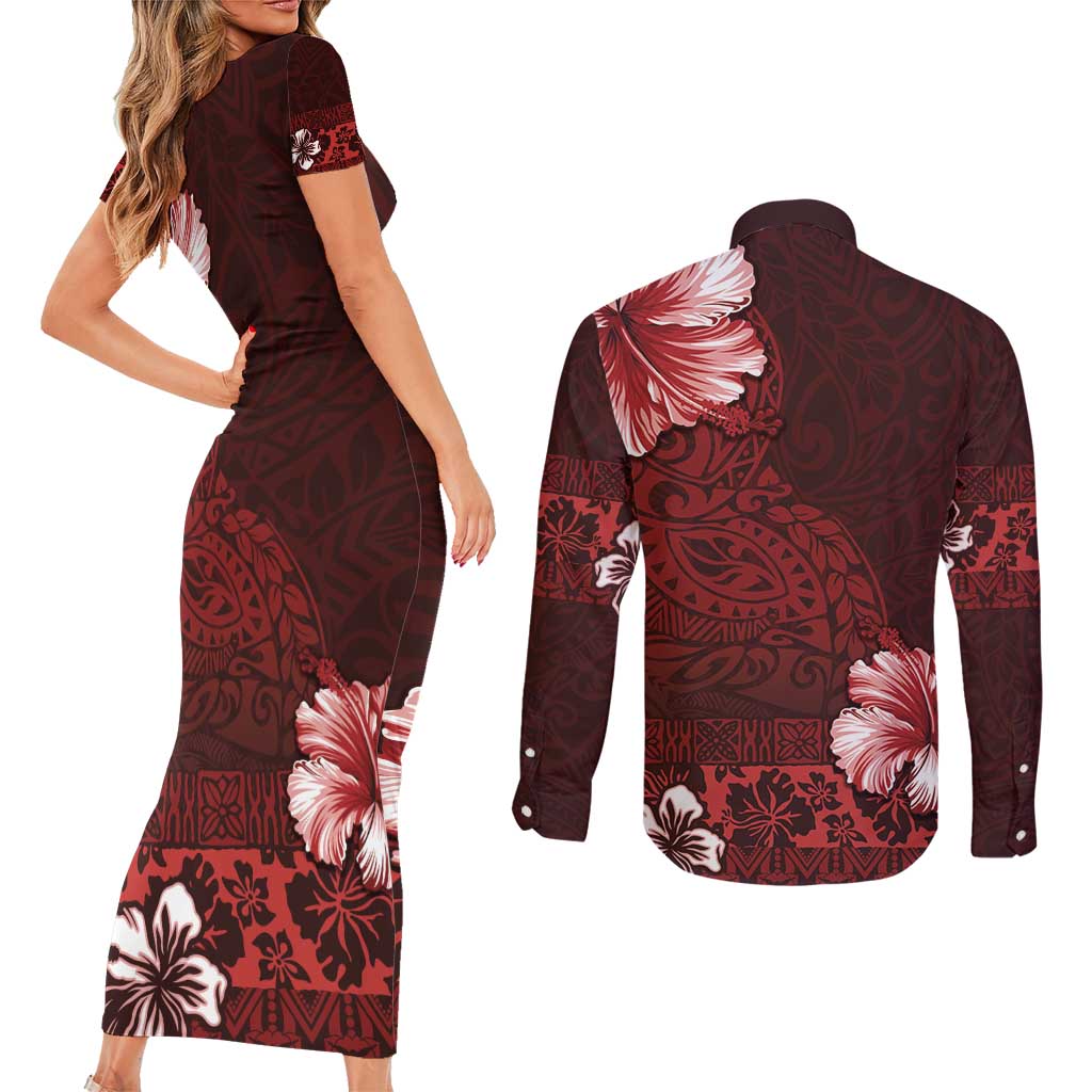 Hawaii Hibiscus With Oxblood Polynesian Pattern Couples Matching Short Sleeve Bodycon Dress and Long Sleeve Button Shirt