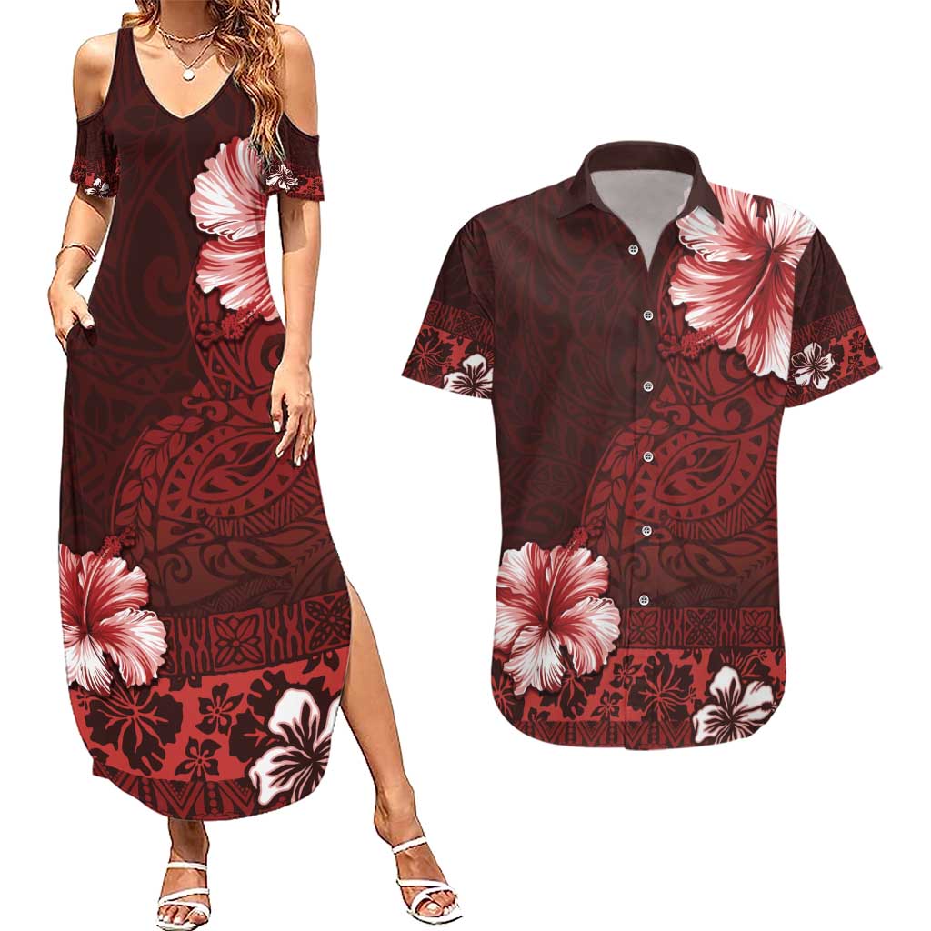 Hawaii Hibiscus With Oxblood Polynesian Pattern Couples Matching Summer Maxi Dress and Hawaiian Shirt