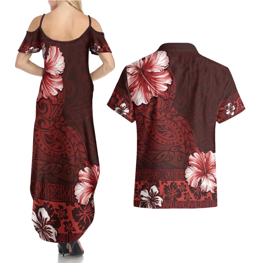 Hawaii Hibiscus With Oxblood Polynesian Pattern Couples Matching Summer Maxi Dress and Hawaiian Shirt