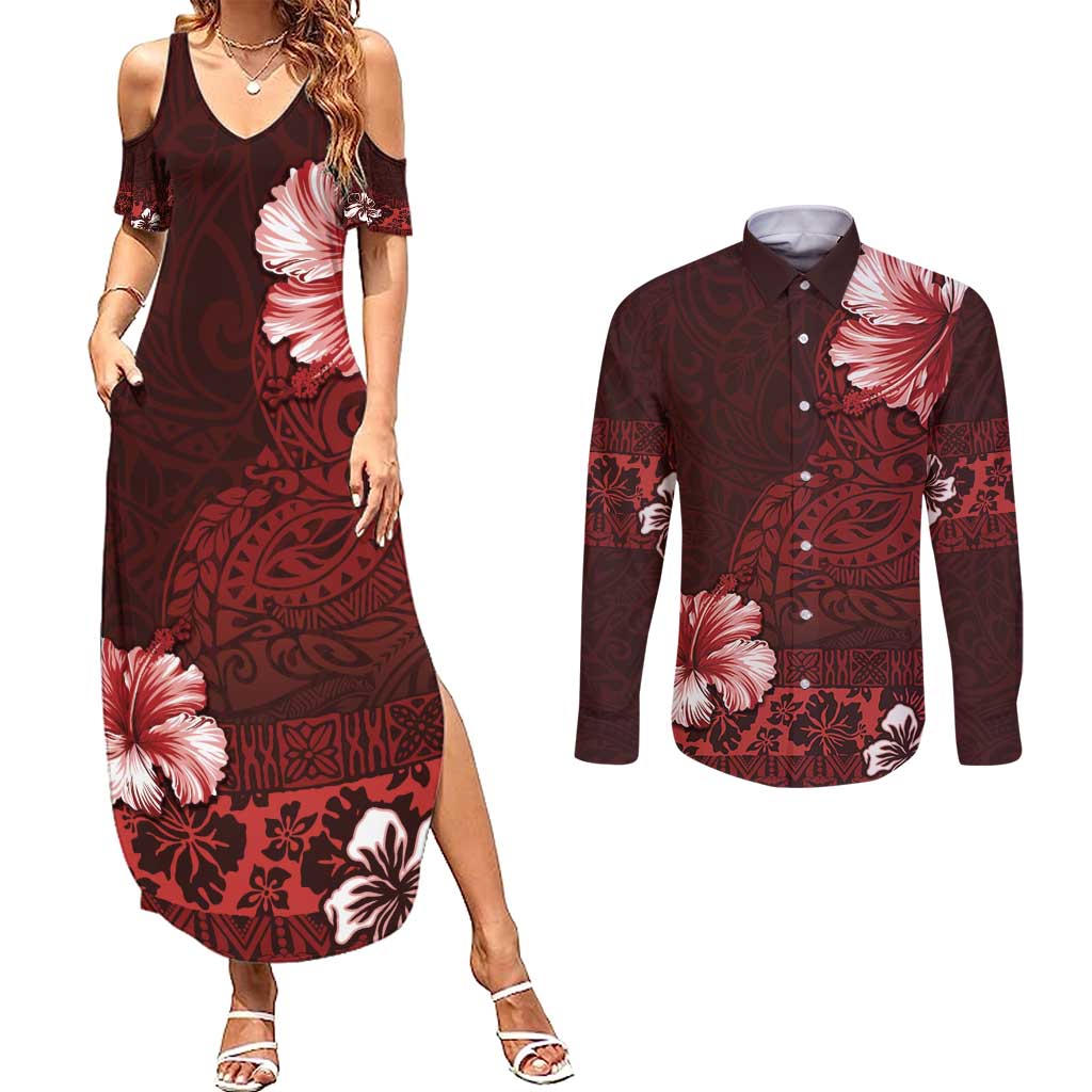 Hawaii Hibiscus With Oxblood Polynesian Pattern Couples Matching Summer Maxi Dress and Long Sleeve Button Shirt