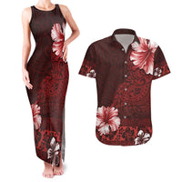 Hawaii Hibiscus With Oxblood Polynesian Pattern Couples Matching Tank Maxi Dress and Hawaiian Shirt