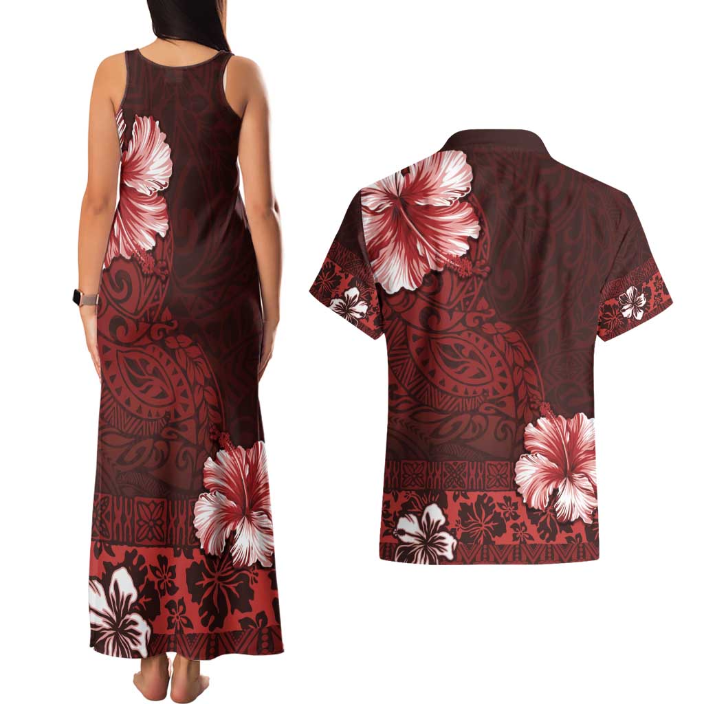 Hawaii Hibiscus With Oxblood Polynesian Pattern Couples Matching Tank Maxi Dress and Hawaiian Shirt