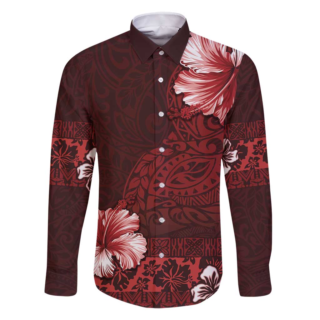 Hawaii Hibiscus With Oxblood Polynesian Pattern Family Matching Mermaid Dress and Hawaiian Shirt LT05 Dad's Shirt - Long Sleeve Red - Polynesian Pride