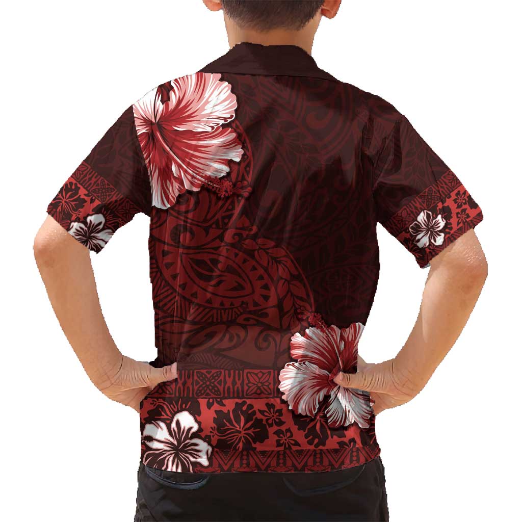 Hawaii Hibiscus With Oxblood Polynesian Pattern Family Matching Off Shoulder Maxi Dress and Hawaiian Shirt LT05 - Polynesian Pride