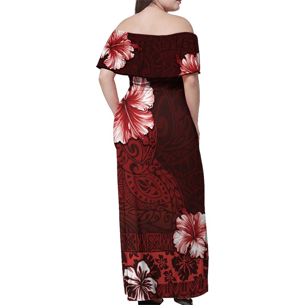 Hawaii Hibiscus With Oxblood Polynesian Pattern Family Matching Off Shoulder Maxi Dress and Hawaiian Shirt LT05 - Polynesian Pride