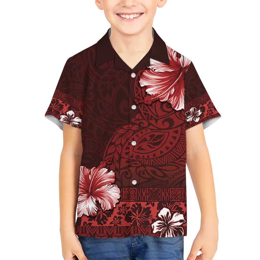 Hawaii Hibiscus With Oxblood Polynesian Pattern Family Matching Off Shoulder Maxi Dress and Hawaiian Shirt LT05 Son's Shirt Red - Polynesian Pride