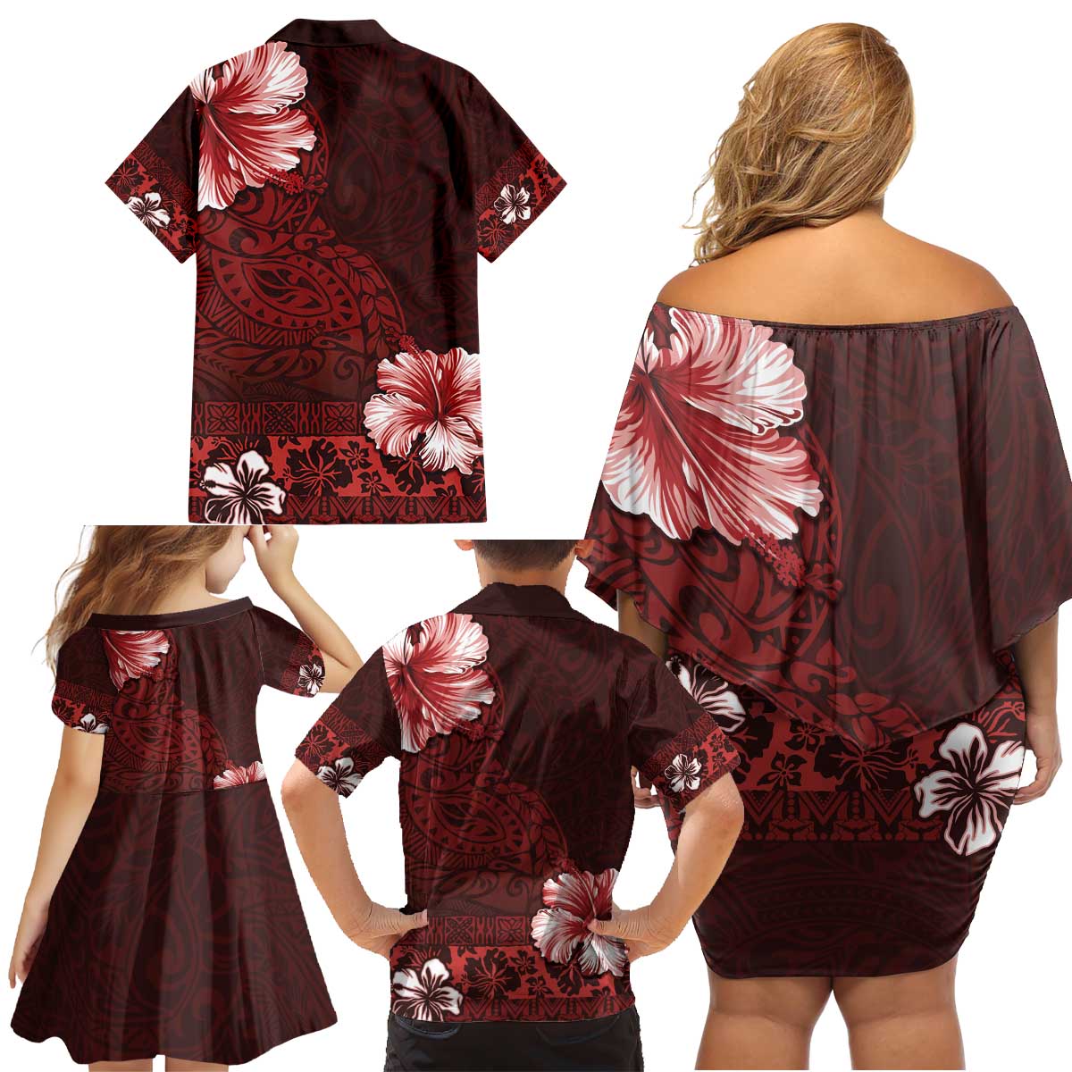 Hawaii Hibiscus With Oxblood Polynesian Pattern Family Matching Off Shoulder Short Dress and Hawaiian Shirt LT05 - Polynesian Pride