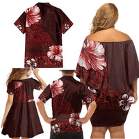 Hawaii Hibiscus With Oxblood Polynesian Pattern Family Matching Off Shoulder Short Dress and Hawaiian Shirt LT05 - Polynesian Pride