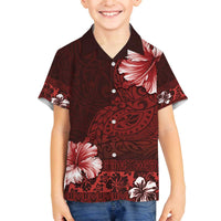 Hawaii Hibiscus With Oxblood Polynesian Pattern Family Matching Off Shoulder Short Dress and Hawaiian Shirt LT05 Son's Shirt Red - Polynesian Pride