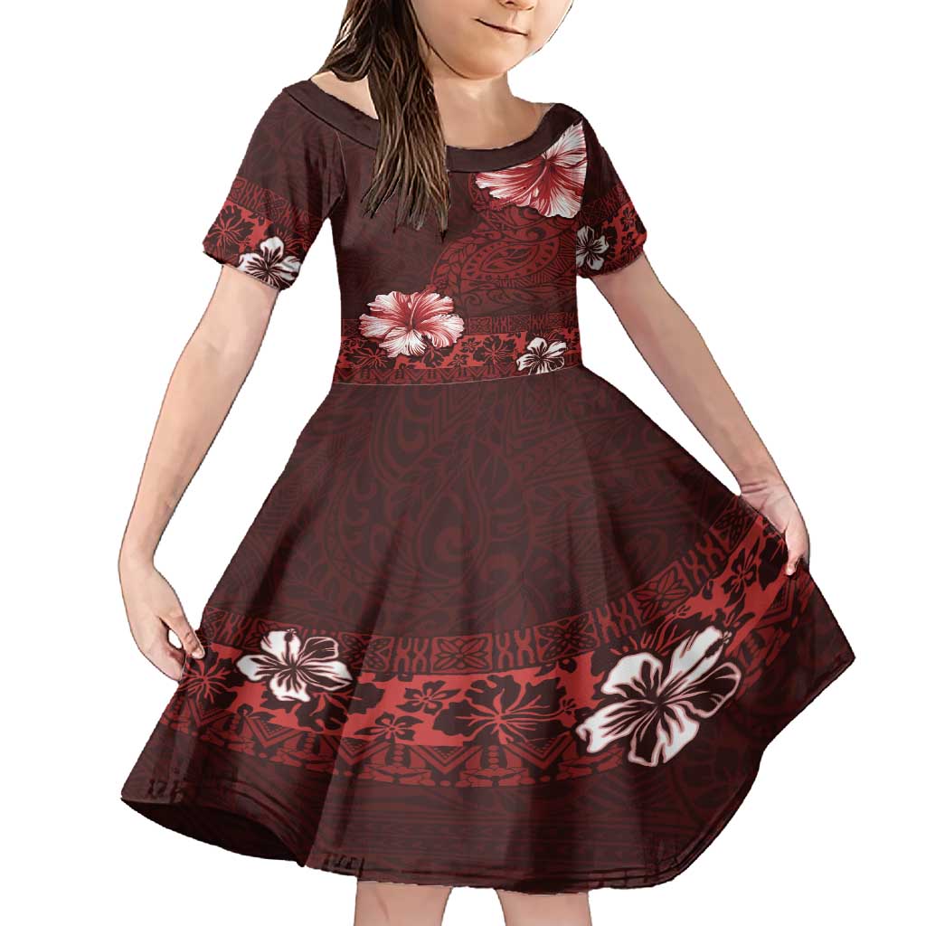 Hawaii Hibiscus With Oxblood Polynesian Pattern Family Matching Short Sleeve Bodycon Dress and Hawaiian Shirt LT05 Daughter's Dress Red - Polynesian Pride