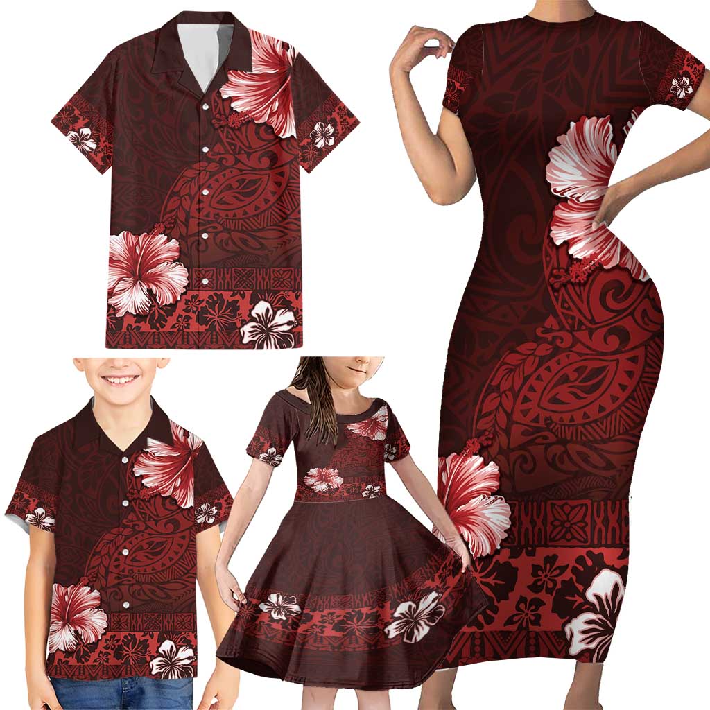 Hawaii Hibiscus With Oxblood Polynesian Pattern Family Matching Short Sleeve Bodycon Dress and Hawaiian Shirt LT05 - Polynesian Pride