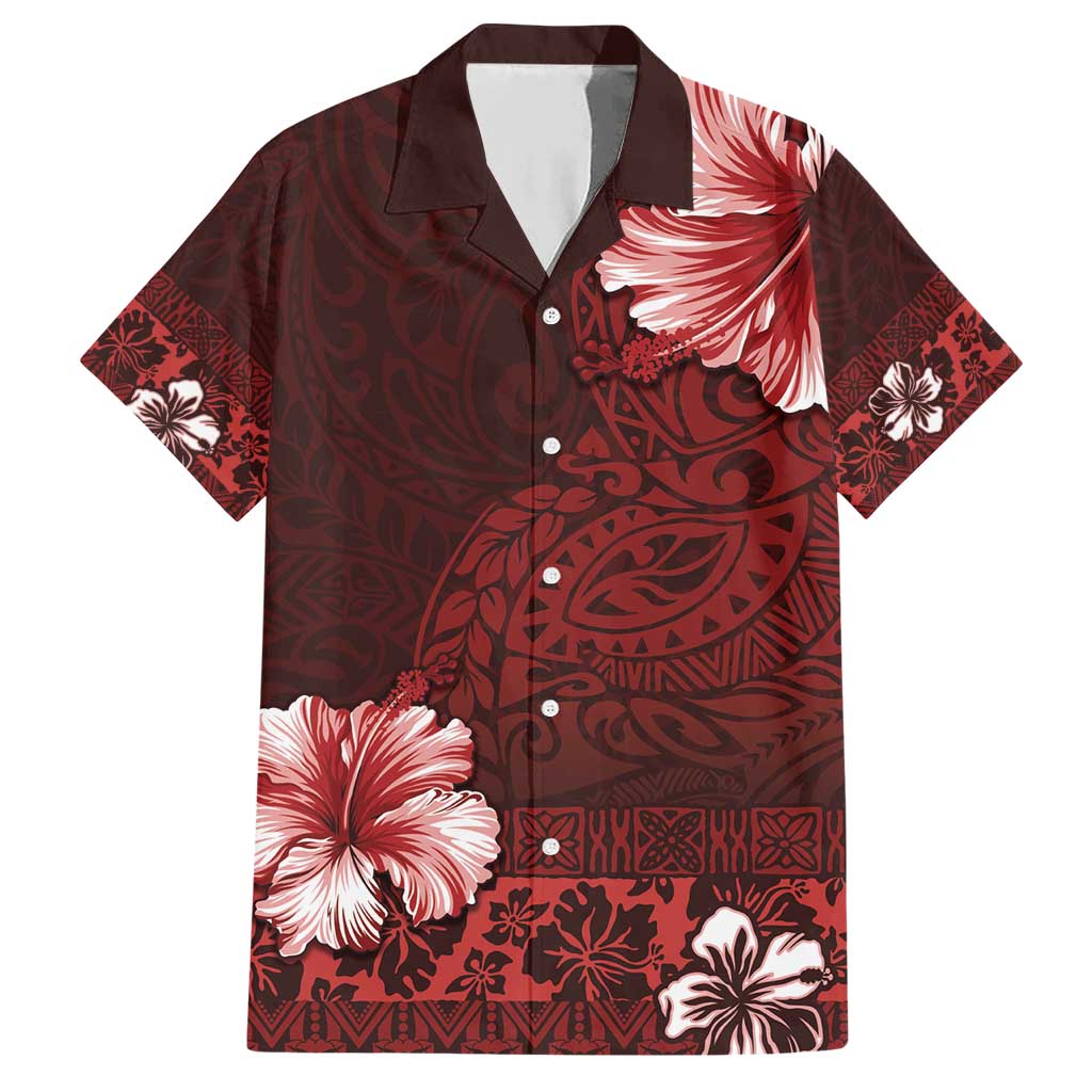 Hawaii Hibiscus With Oxblood Polynesian Pattern Family Matching Short Sleeve Bodycon Dress and Hawaiian Shirt LT05 Dad's Shirt - Short Sleeve Red - Polynesian Pride