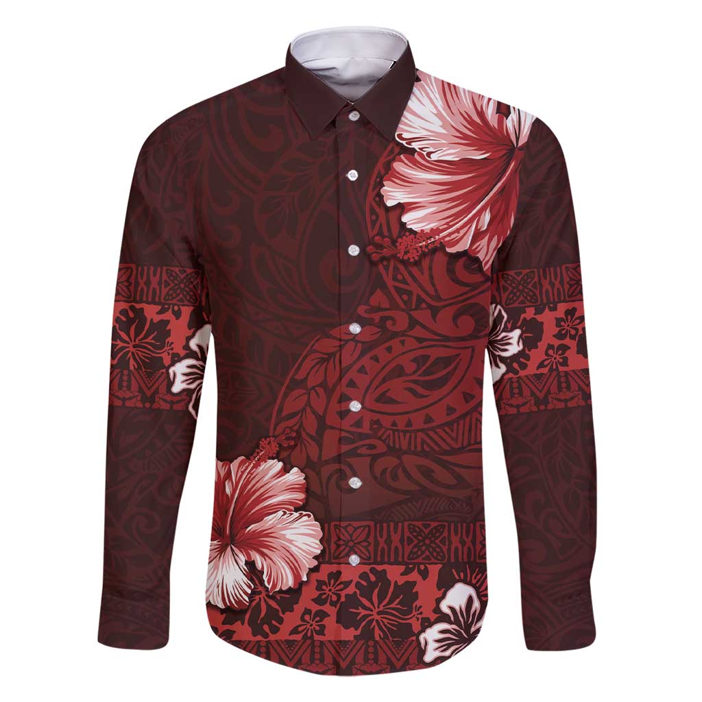 Hawaii Hibiscus With Oxblood Polynesian Pattern Family Matching Short Sleeve Bodycon Dress and Hawaiian Shirt LT05 Dad's Shirt - Long Sleeve Red - Polynesian Pride