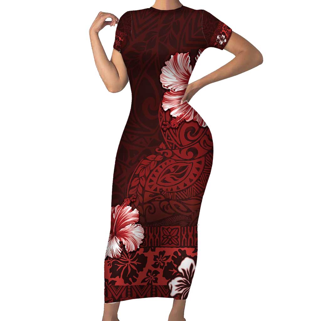 Hawaii Hibiscus With Oxblood Polynesian Pattern Family Matching Short Sleeve Bodycon Dress and Hawaiian Shirt LT05 Mom's Dress Red - Polynesian Pride