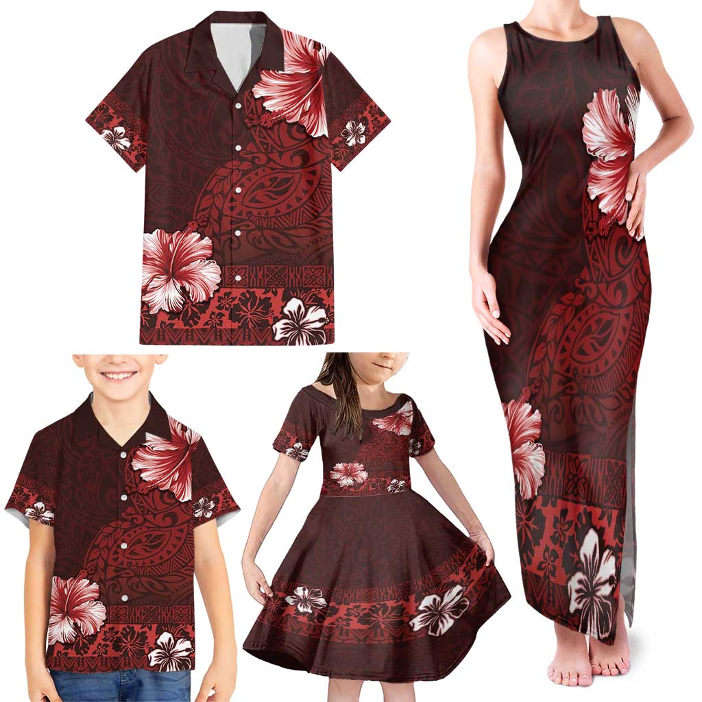 Hawaii Hibiscus With Oxblood Polynesian Pattern Family Matching Tank Maxi Dress and Hawaiian Shirt LT05 - Polynesian Pride