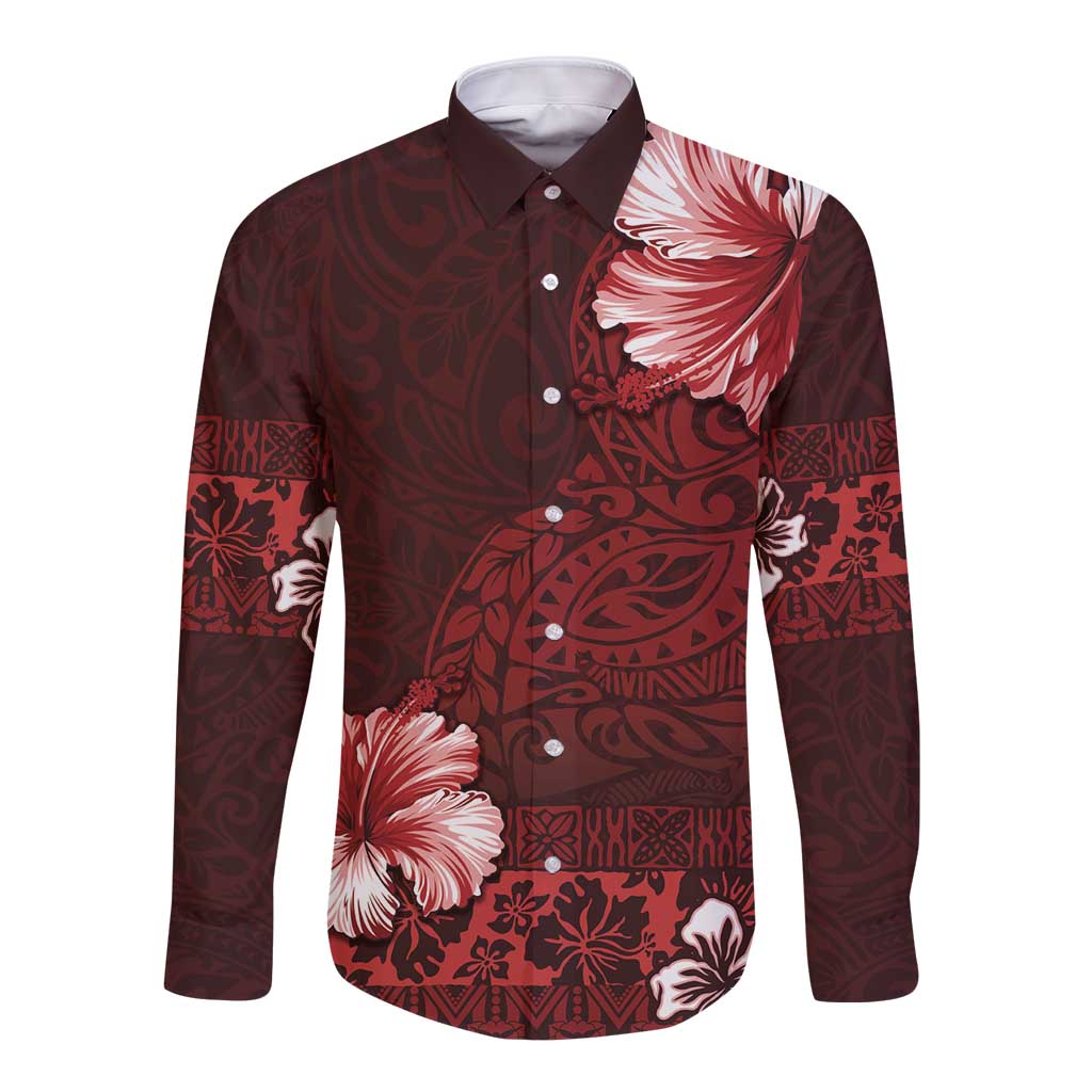 Hawaii Hibiscus With Oxblood Polynesian Pattern Long Sleeve Button Shirt
