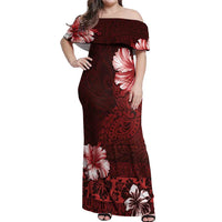 Hawaii Hibiscus With Oxblood Polynesian Pattern Off Shoulder Maxi Dress