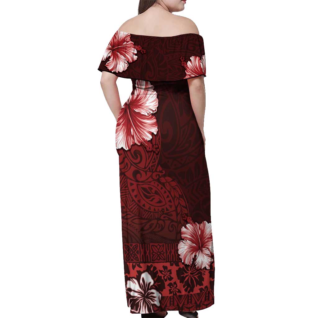 Hawaii Hibiscus With Oxblood Polynesian Pattern Off Shoulder Maxi Dress