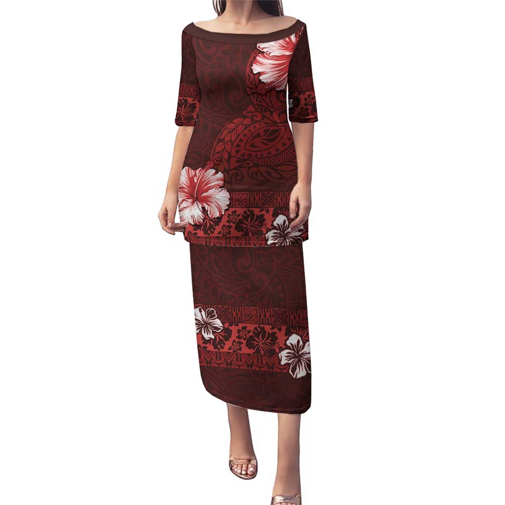 Hawaii Hibiscus With Oxblood Polynesian Pattern Puletasi