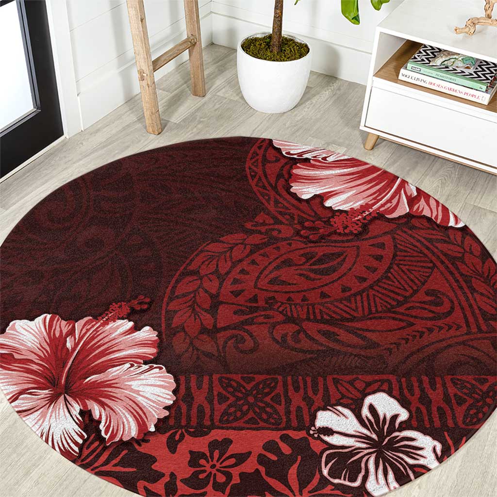 Hawaii Hibiscus With Oxblood Polynesian Pattern Round Carpet