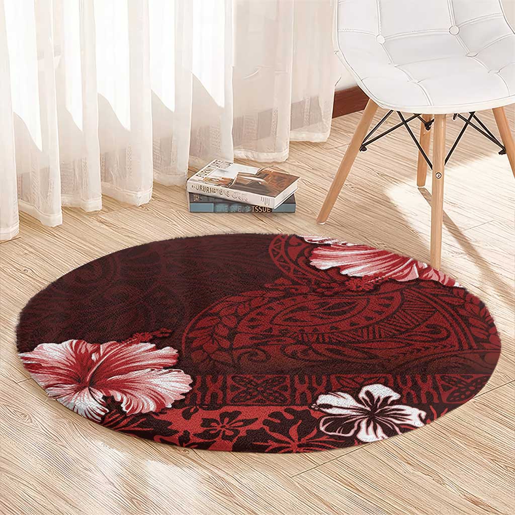 Hawaii Hibiscus With Oxblood Polynesian Pattern Round Carpet