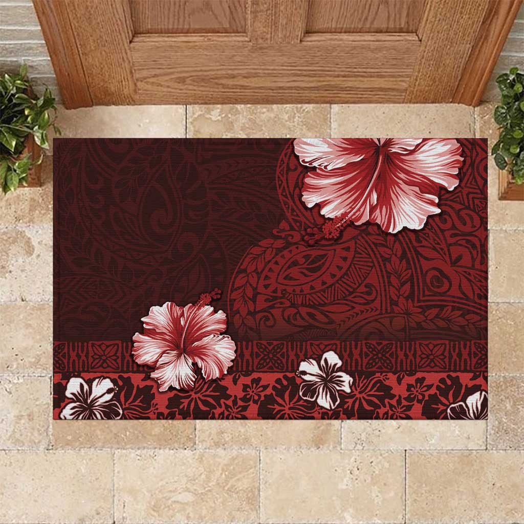 Hawaii Hibiscus With Oxblood Polynesian Pattern Rubber Doormat